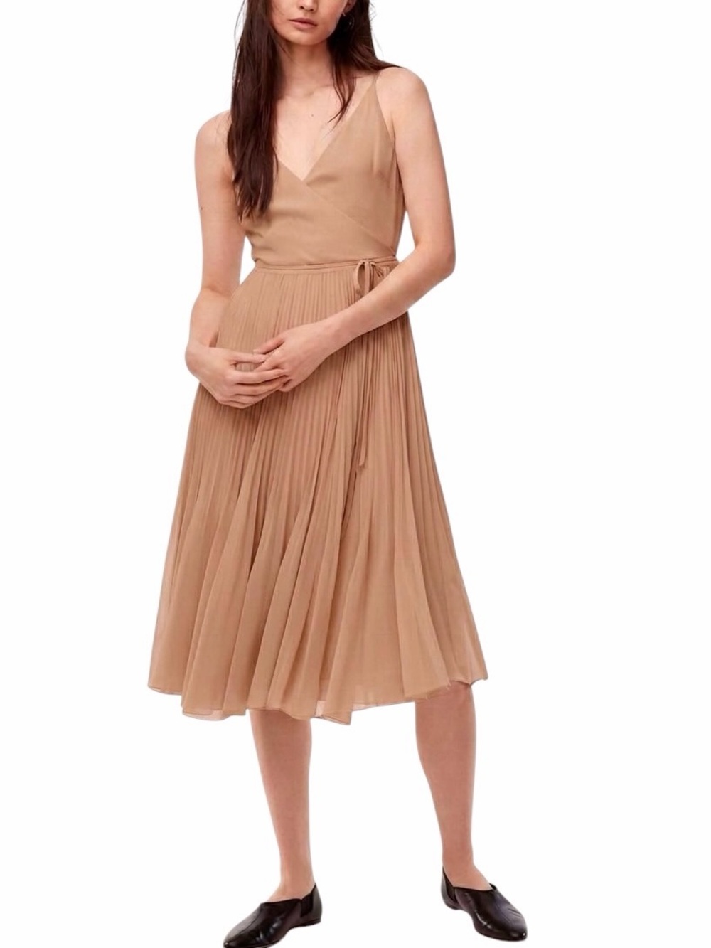 Aritzia Wilfred Beaune Dress Tan Chiffon Pleated Wrap Midi Dress Sz XS